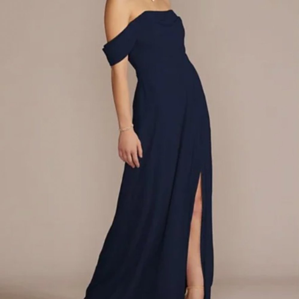 DAVIDS BRIDAL CHIFFON COWL OFF-THE SHOULDER BRIDESMAID DRESS - MARINE - 10